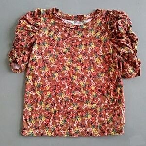 LOFT Multicolor Floral Top with Ruched Sleeves